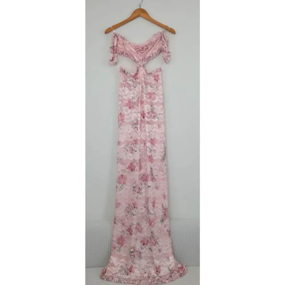 Dzo Harper Pink Floral Lace Cut out Romantic Ethereal Maxi Dress Sz Large NWT